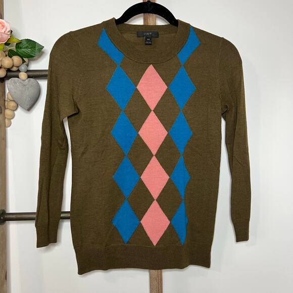 J Crew Long Sleeve Brown Argyle Crewneck Sweater Size XXS - Picture 3 of 6